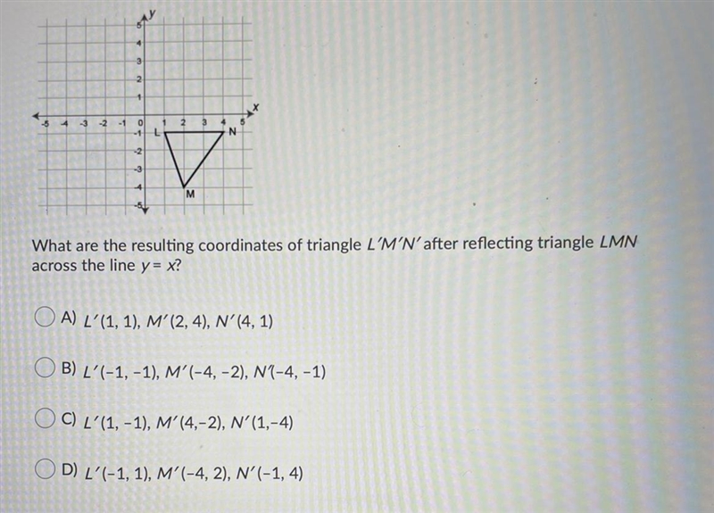 What are the resulting coordinates of triangle L′M′N′ after reflecting triangle LMN-example-1