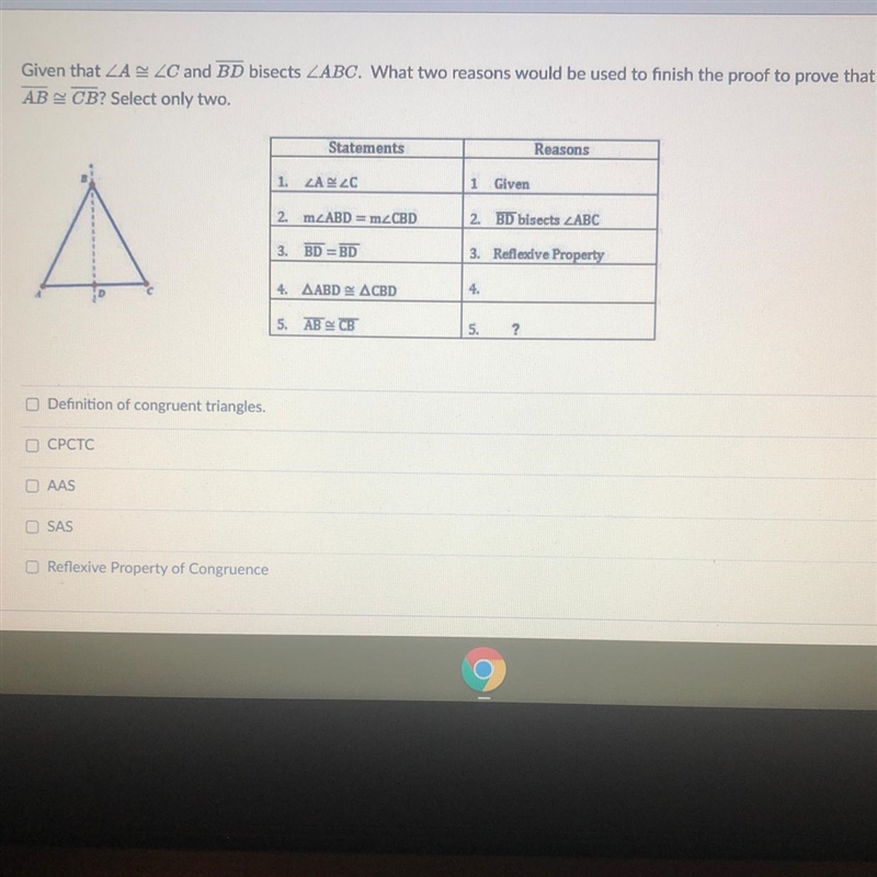 Given that ZASZC and BD bisects ABC, What two reasons would be used to finish the-example-1