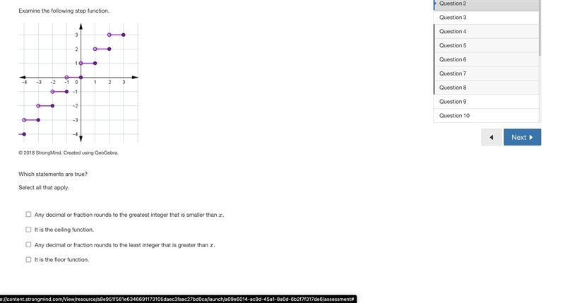 Examine the following step function. Open circle at (negative 1, 0) connected by a-example-1