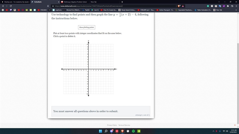 Use technology to find points and then graph the line y=\frac{1}{2}(x+2)-4,y= 21(x-example-1