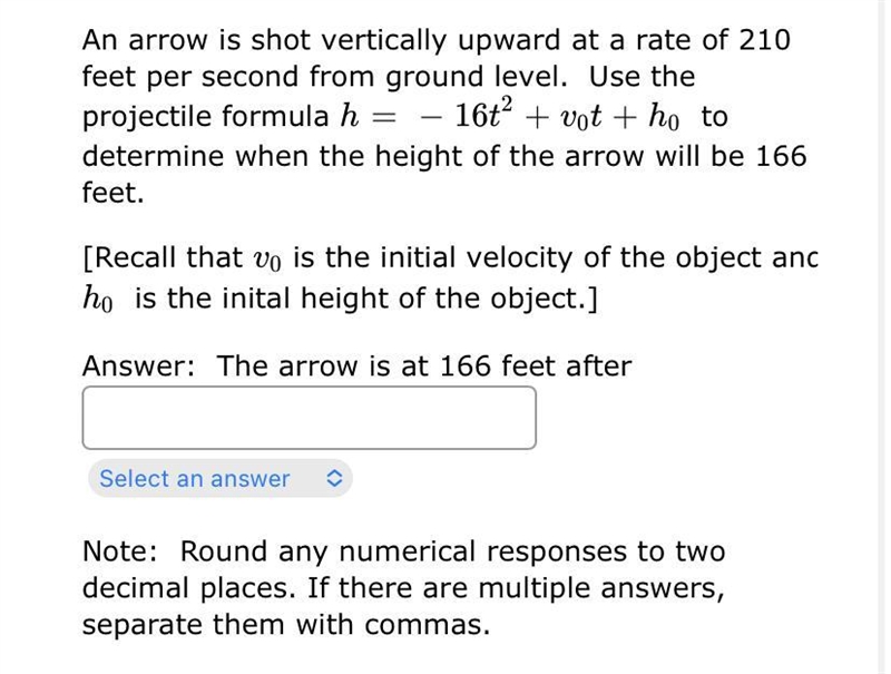 An arrow is shot vertically upward at a rate of 210 feet per second from ground level-example-1