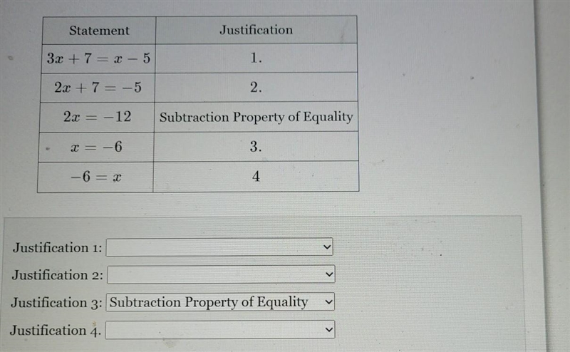 Complete the two-column proof. Given: 3x+7=X-5 Prove: -6 = X​-example-1