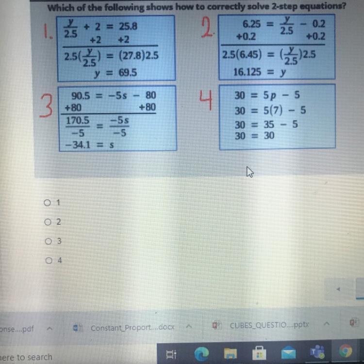 Practice #1Which of the following shows how to correctly solve 2-step equations?-example-1