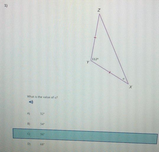 1) What is the value of u? A) 32° B) 34 C) 36° D) 68°-example-1