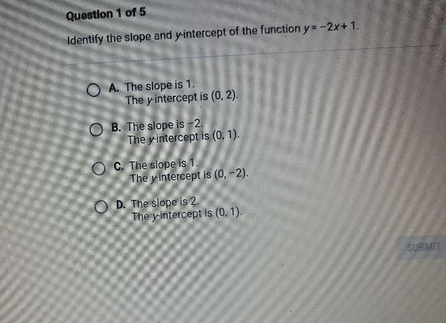 Identify the slope and yintercept of the function y=-2x+ 1. O A. The slope is 1. The-example-1