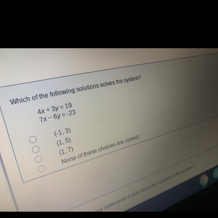 Which of the following solutions solves the system?-example-1