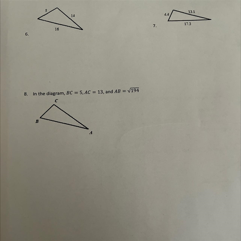 “use the converse of Pythagorean Theorem to tell whether the triangle is right, acute-example-1