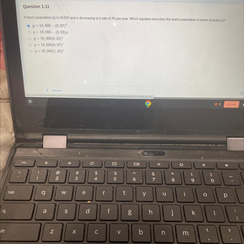 Which equation describes the town’s population in terms of years (x)?-example-1