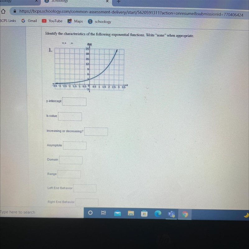 Identify the characteristics of the following exponential function write none when-example-1