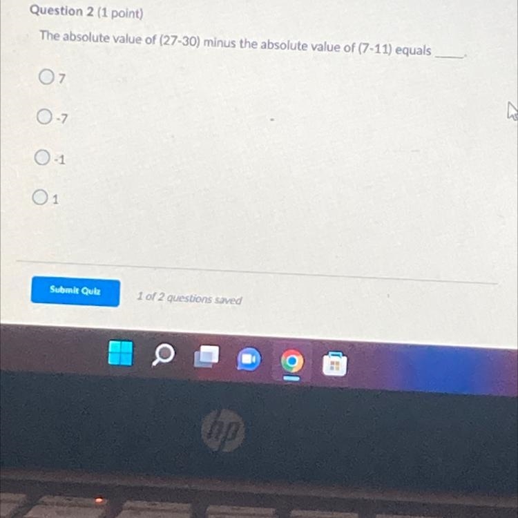 The absolute value of (27-30) minus the absolute value of (7-11) equals-example-1