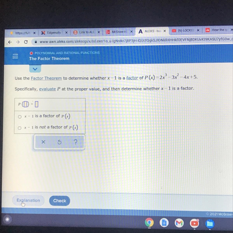 Use the Factor Theorem to determine whether x-1 is a factor of P(x) = 2x– 3x² - 4x-example-1