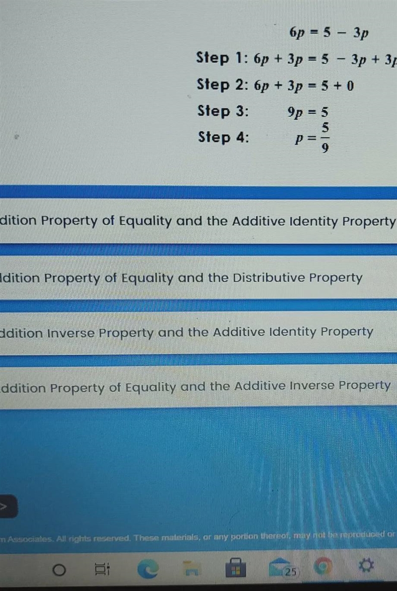 Dan solves 6p = 5 - 3p in the way shown below. Which properties did dan use for step-example-1