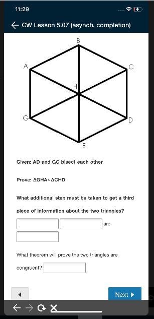 Given: AD and GC bisect each otherProve: angle GHA and angle CHD are congruent-example-1