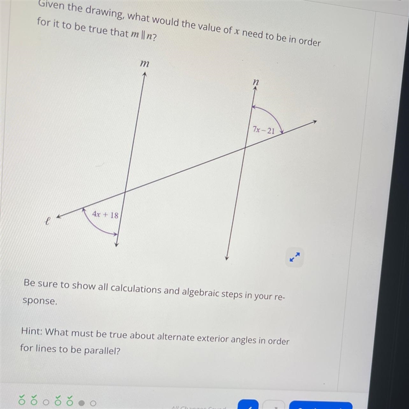 Given the drawing, what would the value of x need to be in order for it to be true-example-1