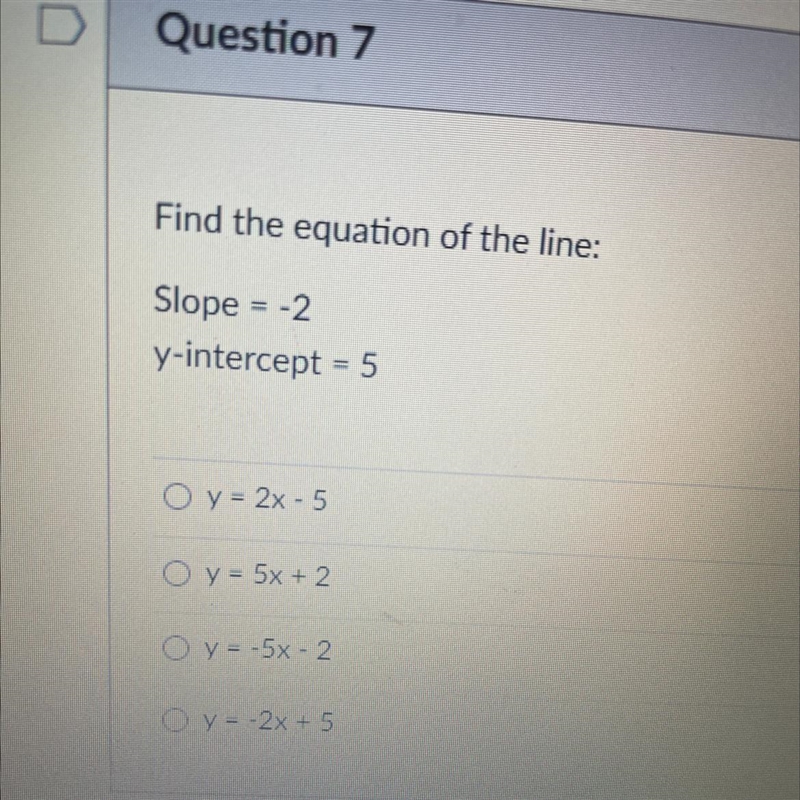 Fine the equation of the line: slope = -2 y-intercept= 5-example-1