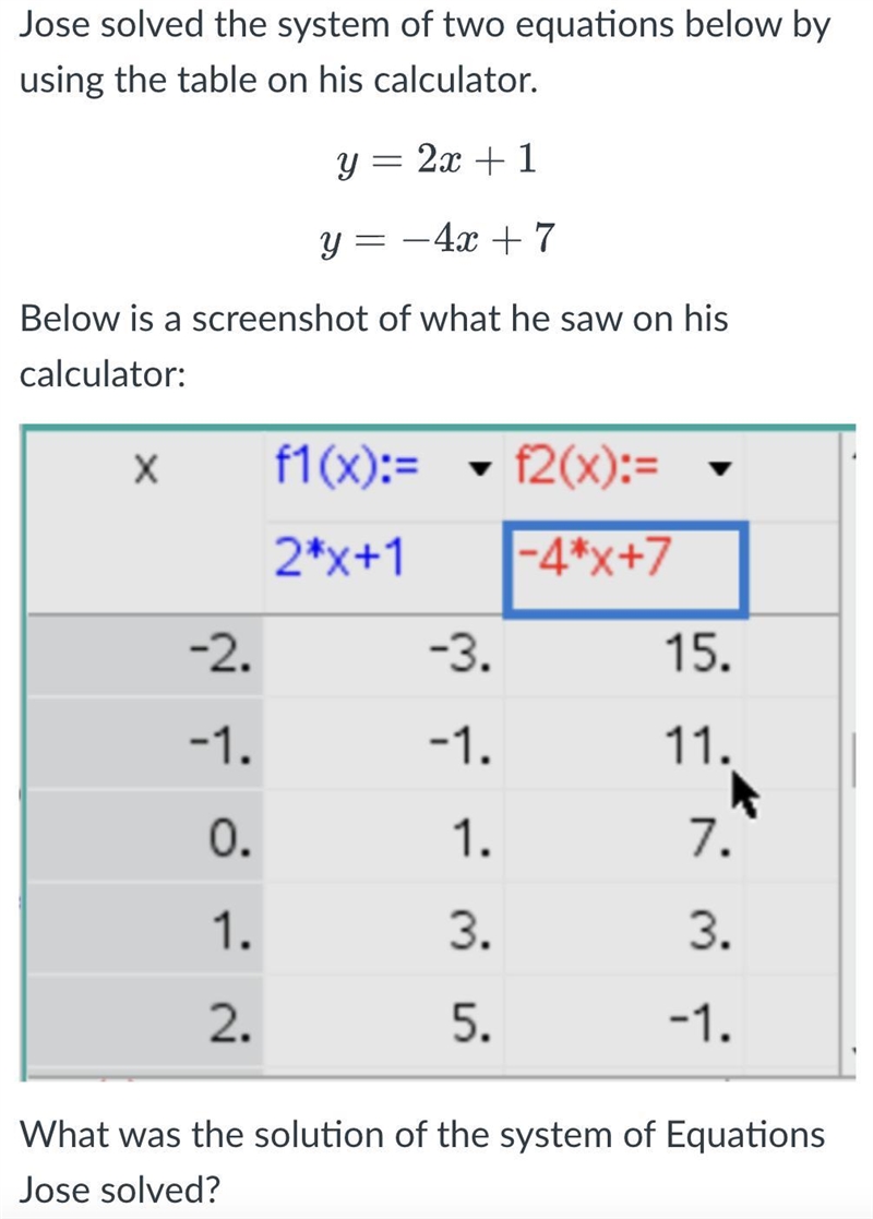 Jose solved the system of two equations below by using the table on his calculator-example-1