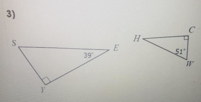 #3: Explain if the triangles are similar using AA-. If they are similar, which angles-example-1