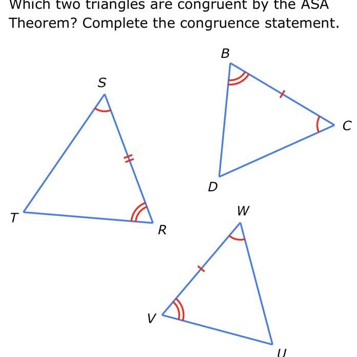 Which two triangles are congruent by the ASA Theorem? Complete the congruence statement-example-1