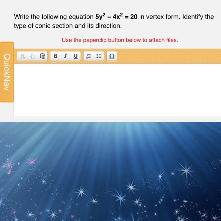 Write the following equation 5y2 − 4x2 = 20 in vertex form. Identify the type of conic-example-1