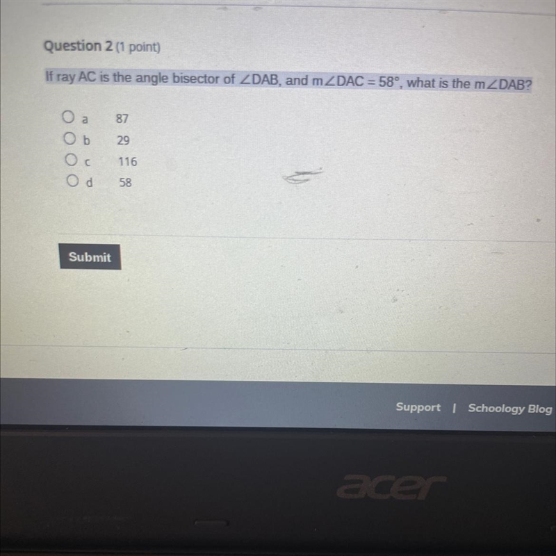 If ray AC is the angle bisector of ZDAB, and mZDAC = 58°, what is the mZDAB?-example-1