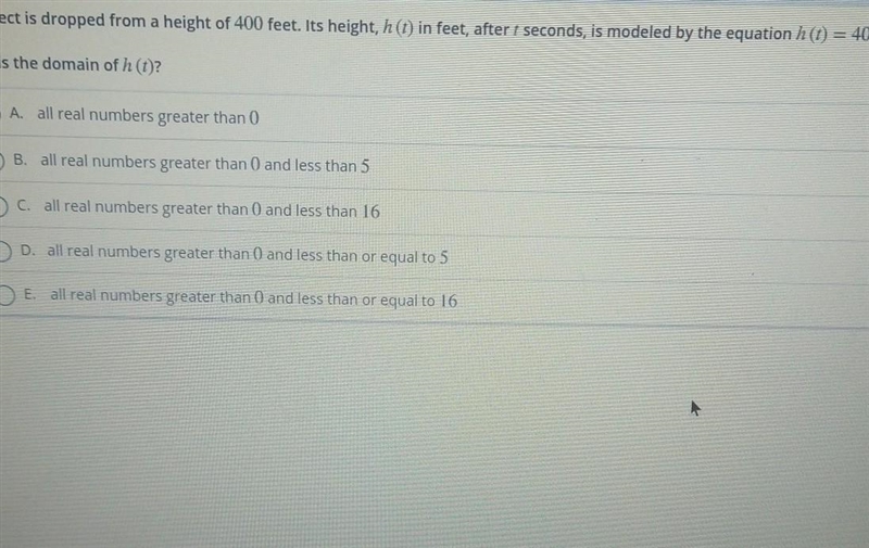 An object is dropped from a height of 400 feet. Its height, h(t) in feet, after t-example-1