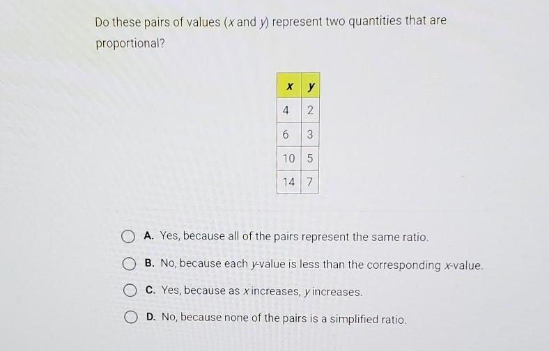 A. Yes, because all of the pairs represent the same ratioB. No, because each y-value-example-1