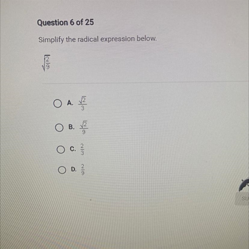 Question 6 of 25Simplify the radical expression below.이히O A.A.v28O B.9O c.NIC3-example-1