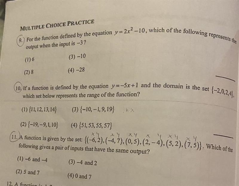 MULTIPLE CHOICE PRACTICE 9. For the function defined by the equation y=2 x²-10, which-example-1