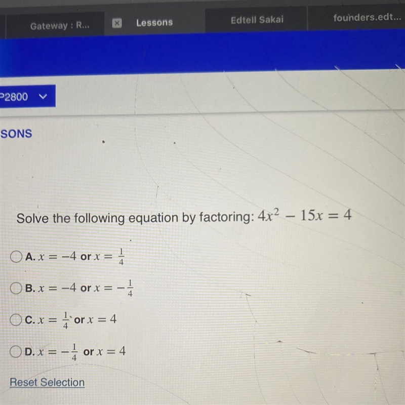 Solve the following equation by factoring: 4x² - 15x = 4-example-1