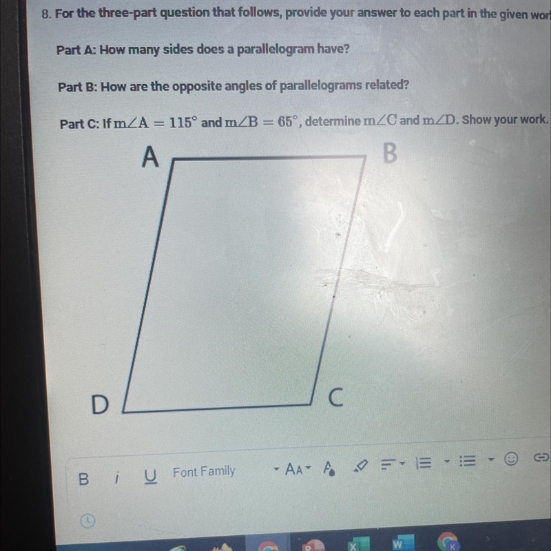 Part A: How many sides does a parallelogram have? Part B: How are the opposite angles-example-1