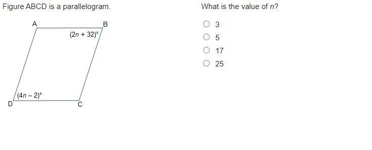 Figure ABCD is a parallelogram.What is the value of n?3 5 17 25-example-1