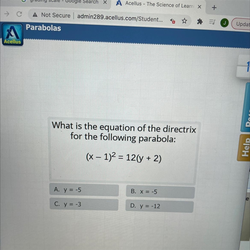 What is the equation of the directrixfor the following parabola:(x - 1)2 = 12(y + 2)A-example-1