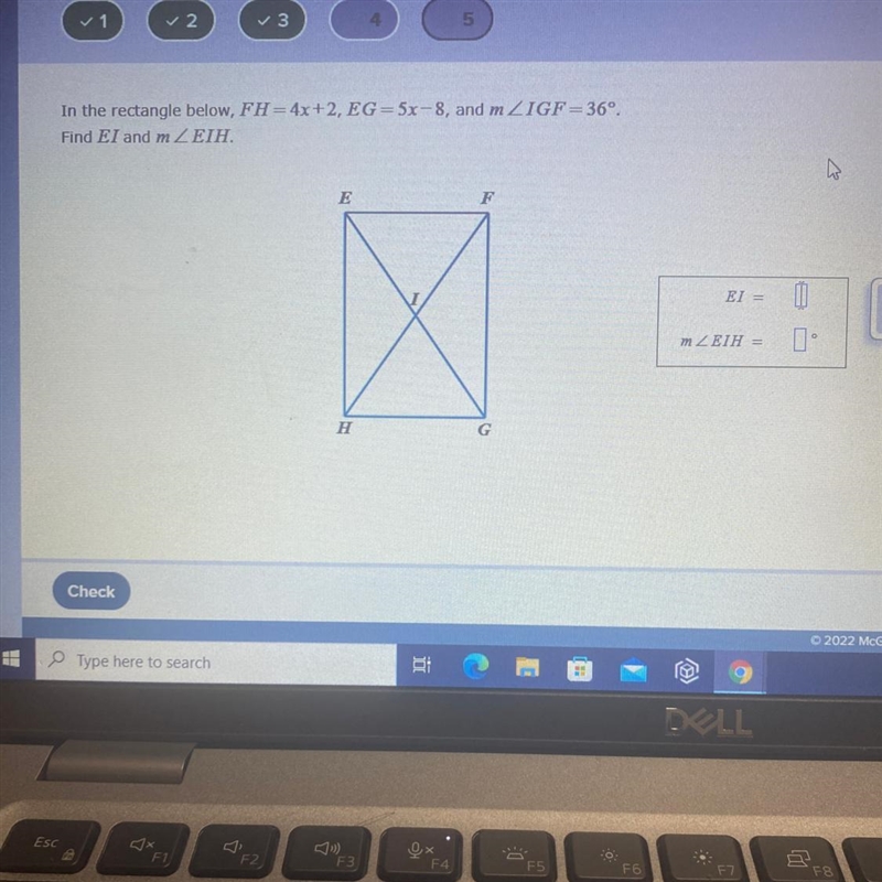 In the rectangle below, FH=4x+2, EG = 5x-8, and m Find EI and m < EIH-example-1