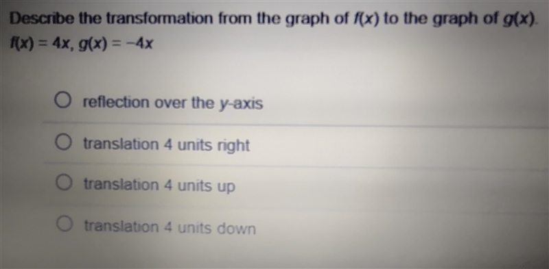 Describe the transformation from the graph of f(x) to the graph of g(x). f(x)=4x, g-example-1