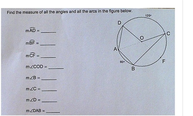 Find the measure of all the angles and all the arcs in the figure below.Please-example-1