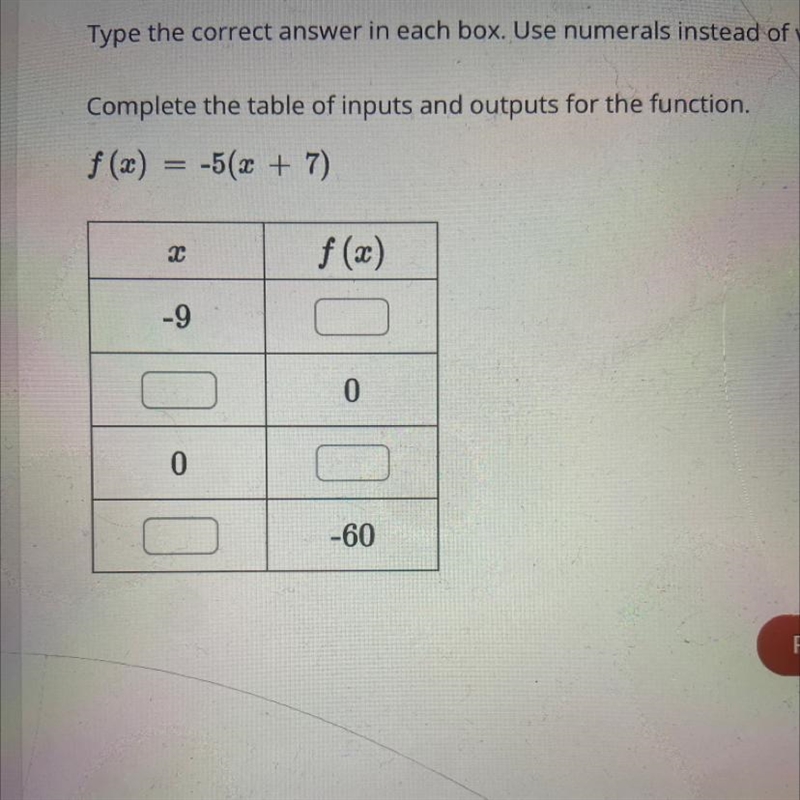 Complete the table of inputs and outputs for the function. f(x) = -5(x + 7) X -9 01 0 f-example-1