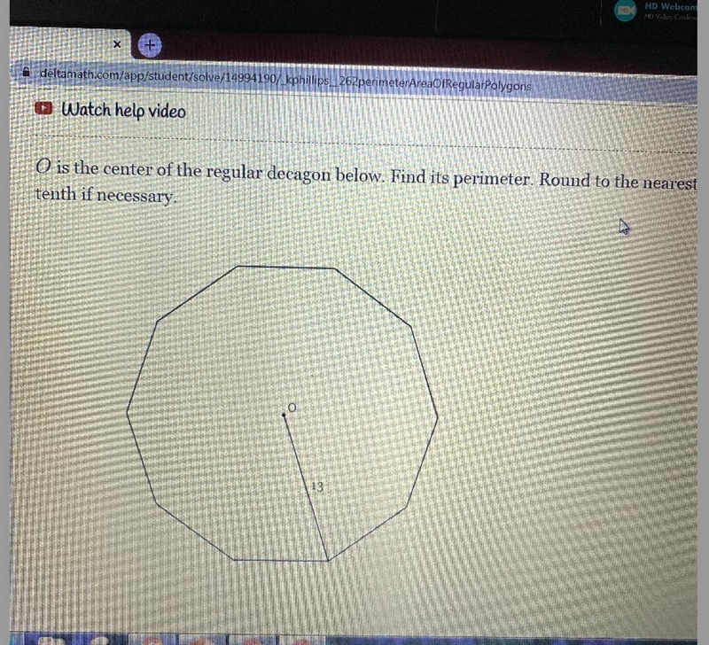 O is the center of the regular decagon below. Find its perimeter. Round to the nearesttenth-example-1