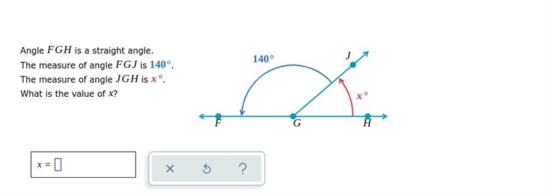 Pls help me Angle FGH is a straight angle. The measure of angle FGJ is 140°. The measure-example-1