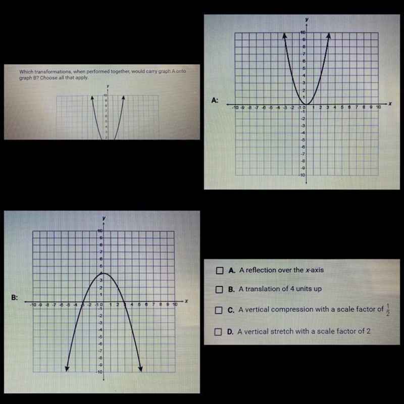 Which transformations, when performed together, would carry graph A onto graph B? Choose-example-1