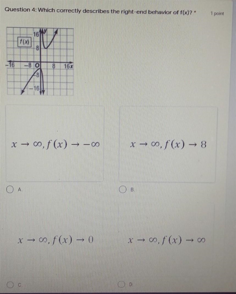 Question 4 : Which correctly describes the right end behavior of f(x)?-example-1