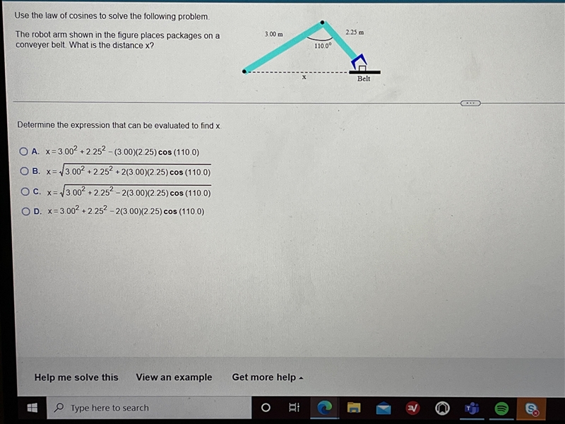 Use the law of cosines to solve the following problem.The robot arm shown in the figure-example-1