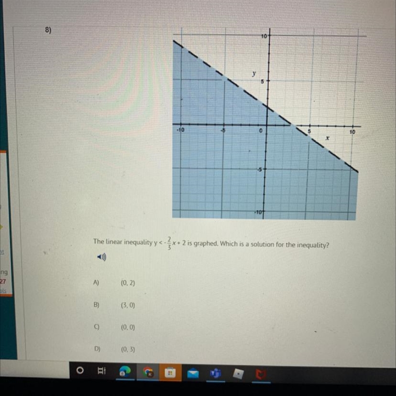 The linear inequality y <-2/3+ 2 is graphed. Which is a solution for the inequality-example-1