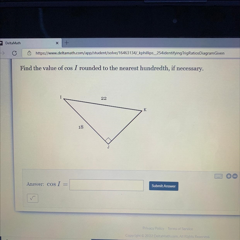 Find the value of cos I rounded to the nearest hundred, if necessary-example-1