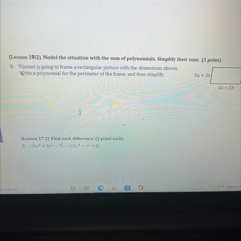 Lesson 17.2) Model the situation with the sum of polynomials. Simplify their sum. (1 point-example-1