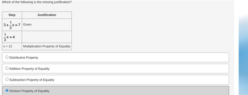 15ptsWhich of the following is the missing justification? Step Justification 3 + 1/3 x-example-1