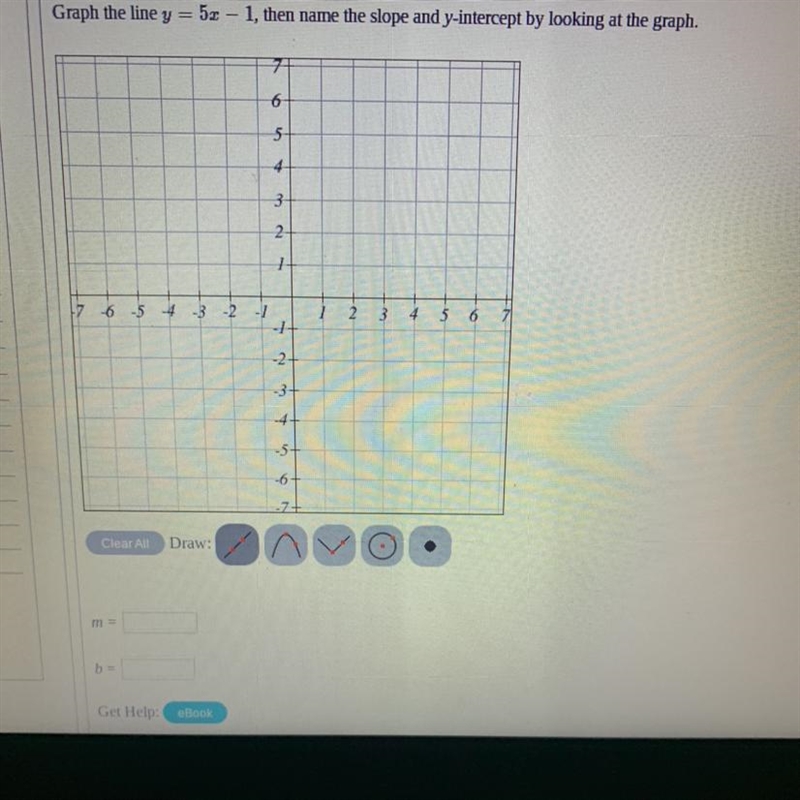 Graph the line y = 5x - 1, then name the slope and y-intercept by looking at the graph-example-1