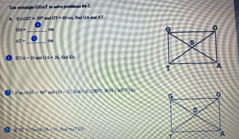 If the measure of angle GAT equals 30° in GT equal 60 cm, find GA & AT.￼￼-example-1