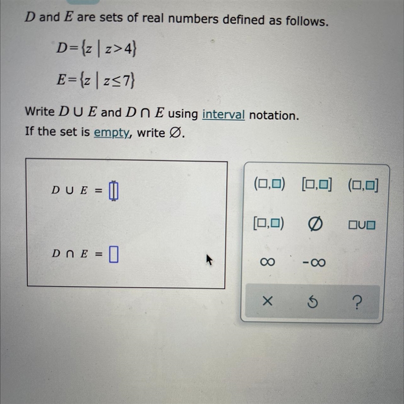 Please help! write D u E and D n E using interval notation.-example-1