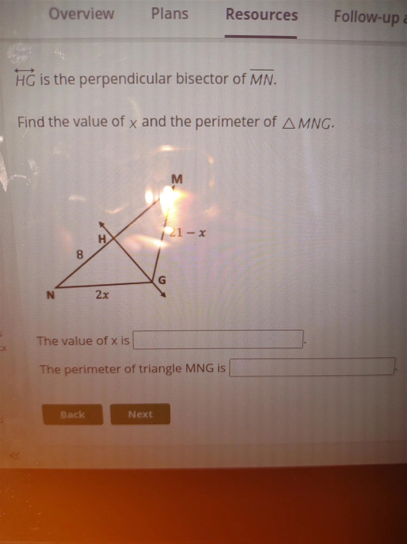 Find the pero bisector of mn find the value of x and the perimeter of MNG-example-1