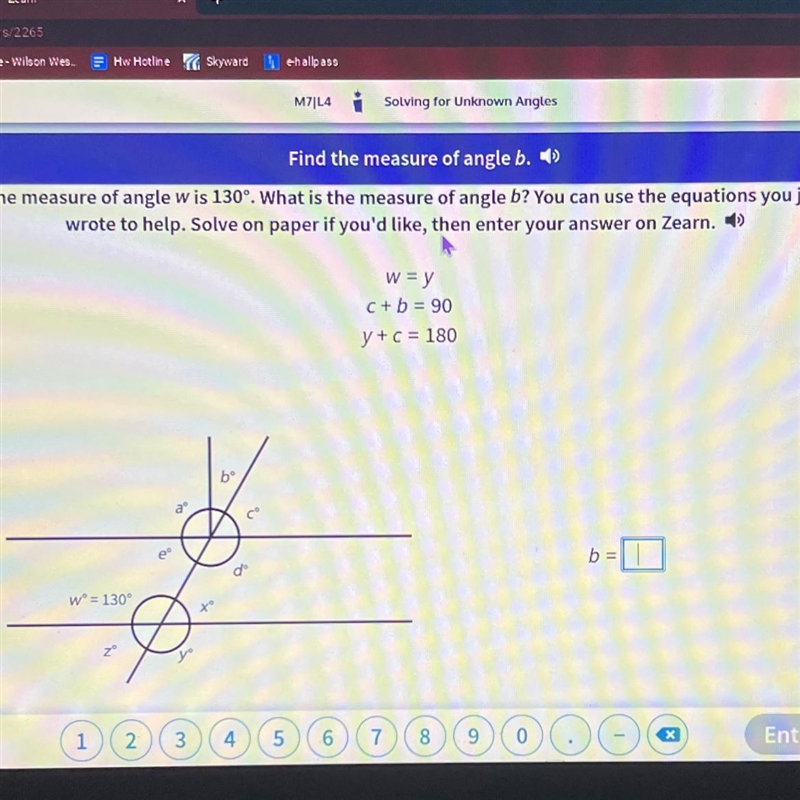 The measure of angle w is 130 degrees. What is the measure of angle b? You can use-example-1